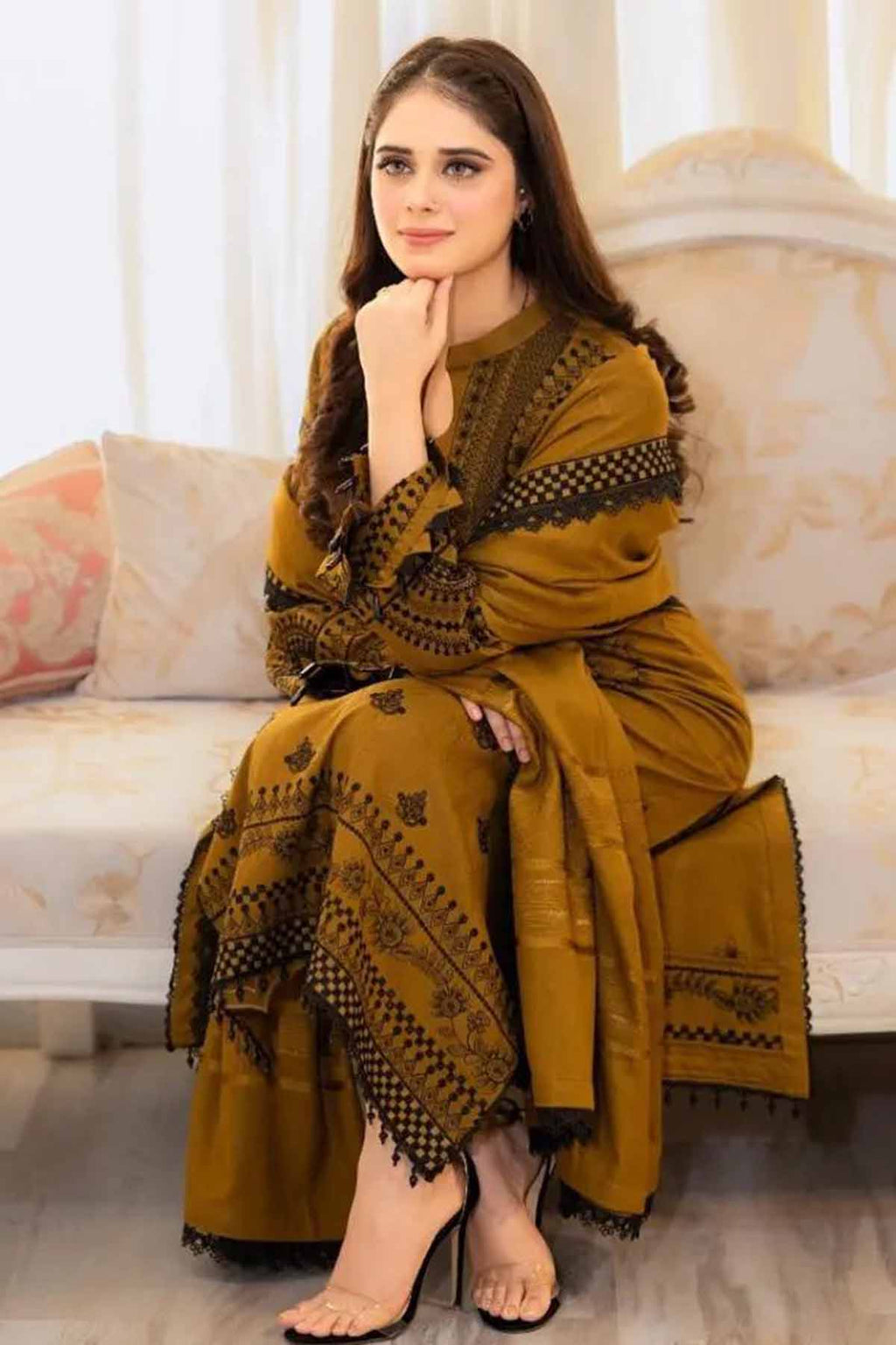 Dhanak-3PC Embroidered Shirt with Dhanak Embroidered Dupatta - 3398