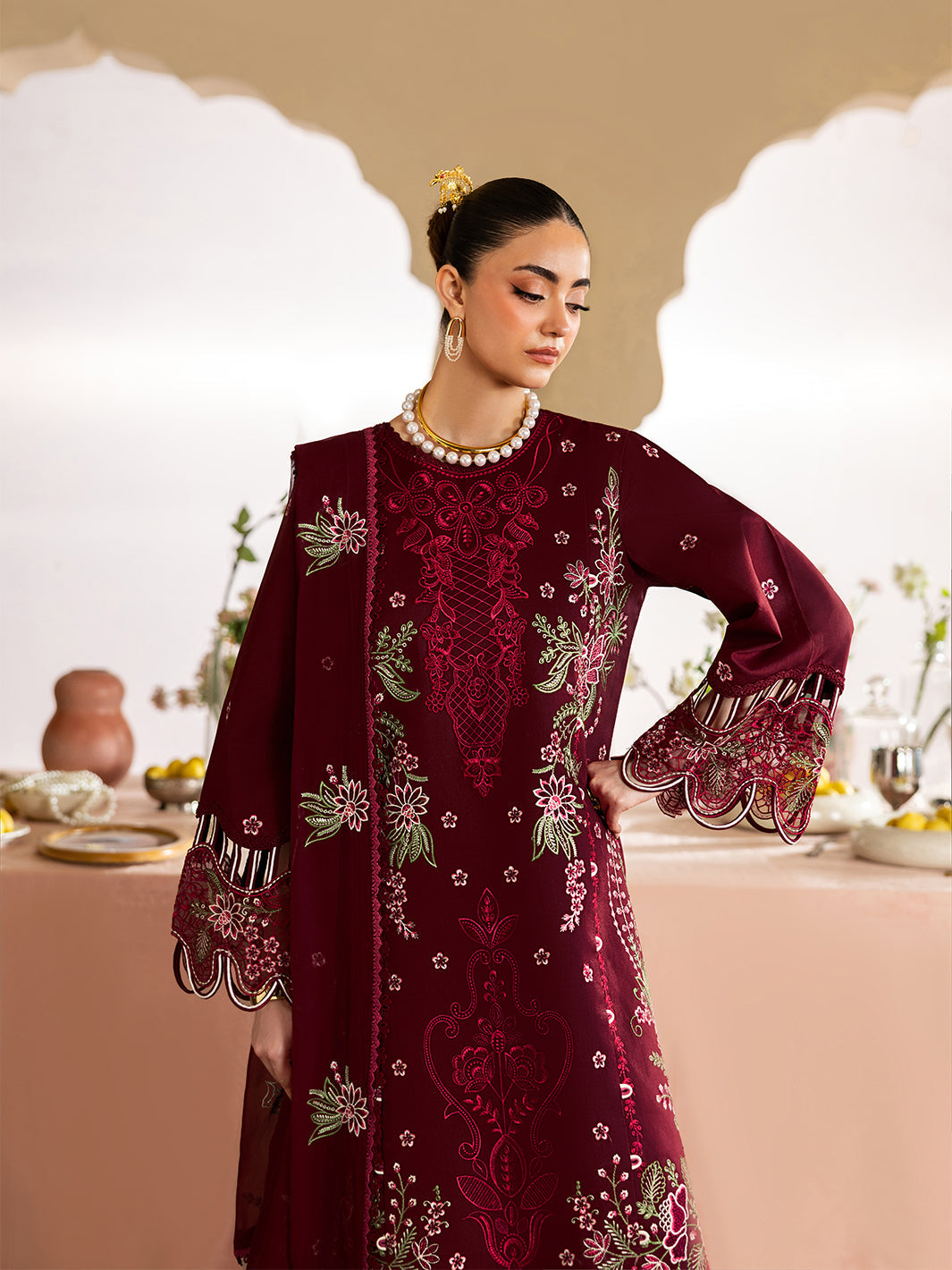 Dhanak-3PC Embroidered Shirt with Chiffon Embroidered Dupatta - 6425