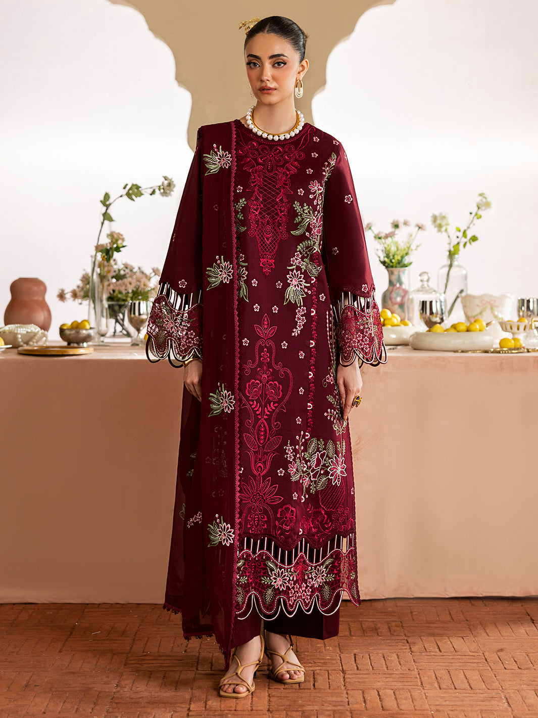Dhanak-3PC Embroidered Shirt with Chiffon Embroidered Dupatta - 6425