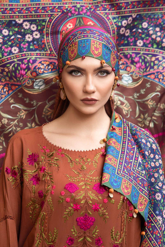 Dhanak-3PC Embroidered Shirt with Digital Printed Wool Shawl - 3462