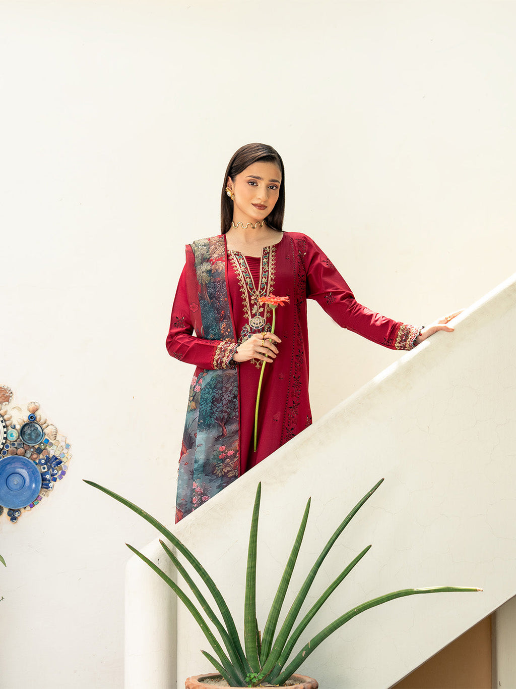 Lawn-3PC Chikankari Embroidered Shirt With Digital Printed Jacquard Dupatta-5346