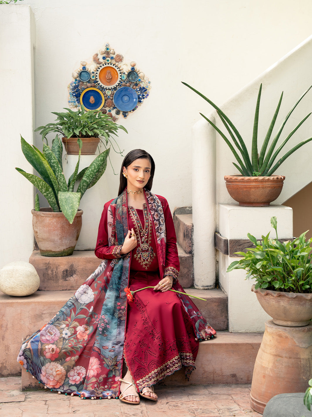 Lawn-3PC Chikankari Embroidered Shirt With Digital Printed Jacquard Dupatta-5346