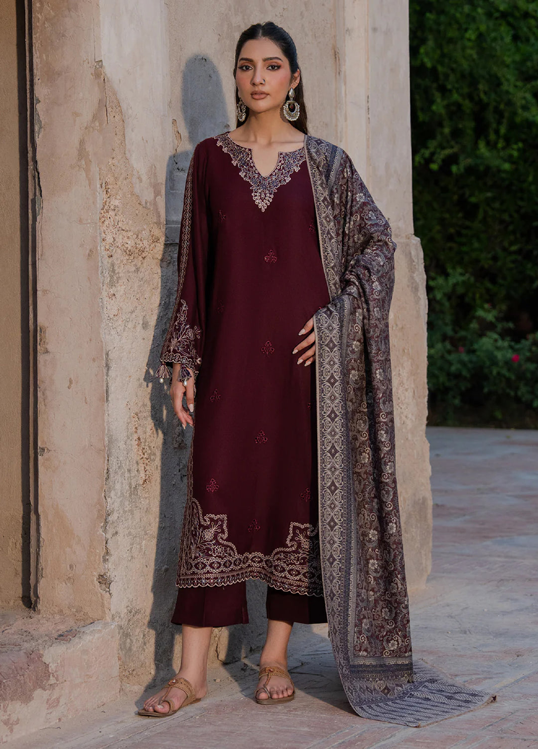 Dhanak-3PC Embroidered Shirt with Digital Printed Wool Shawl - 3537