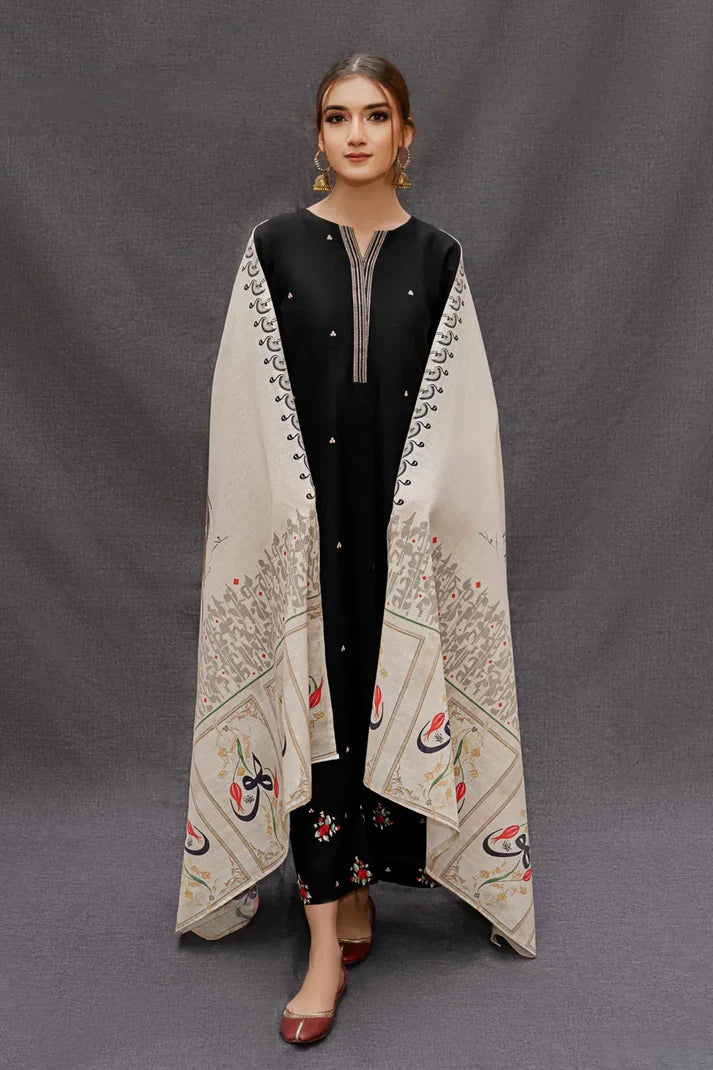 Dhanak-3PC Embroidered Shirt with Digital Printed Wool Shawl - 167