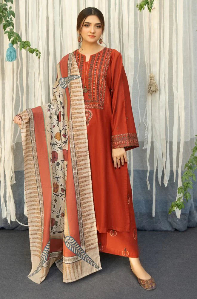 Dhanak-3PC Embroidered Shirt with Digital Printed Wool Shawl - 651