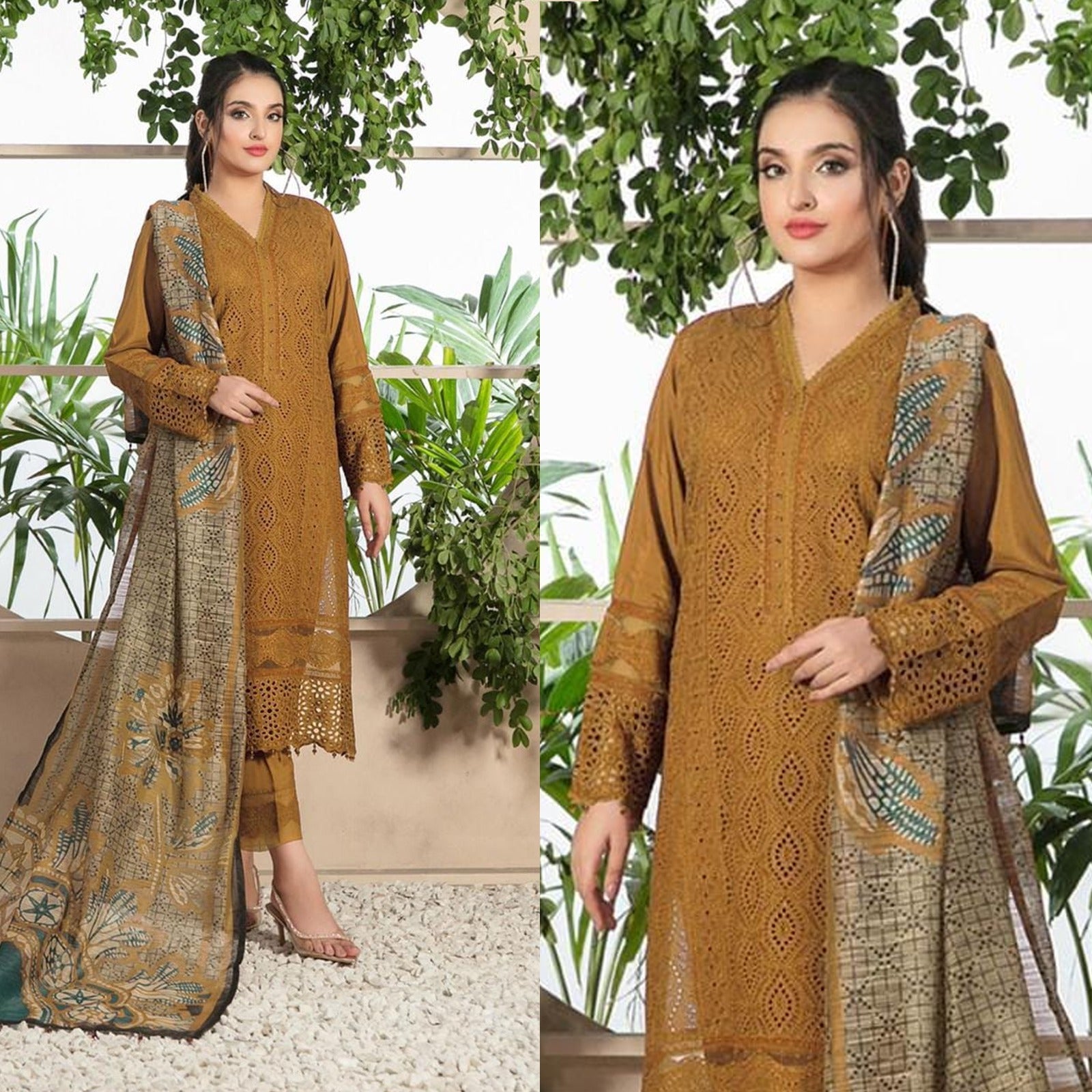 Lawn 3PC Chickenkari Embroidered Shirt With Print Shawl-321