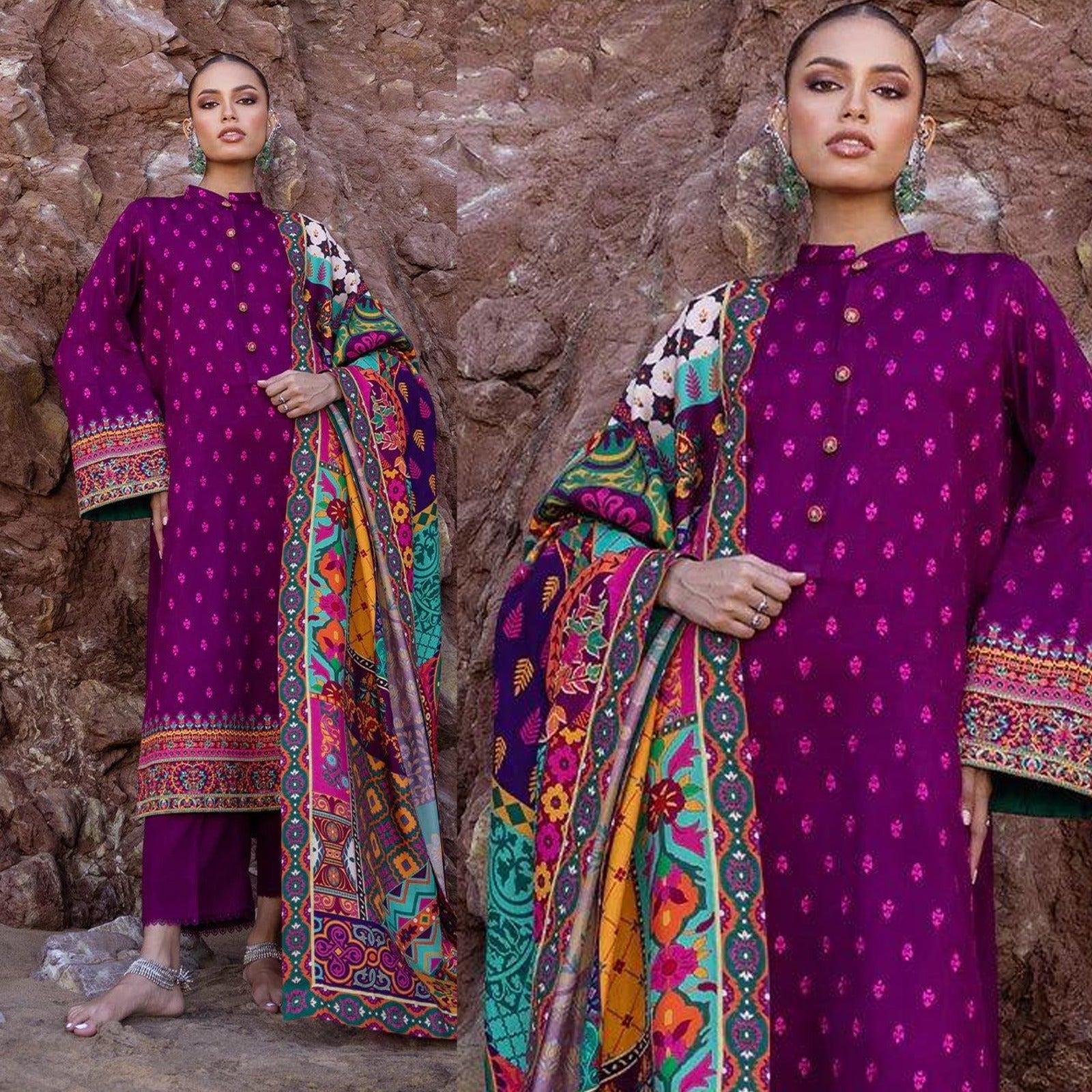 3PC Dhanak Embroidered Shirt With Printed Dupatta-681