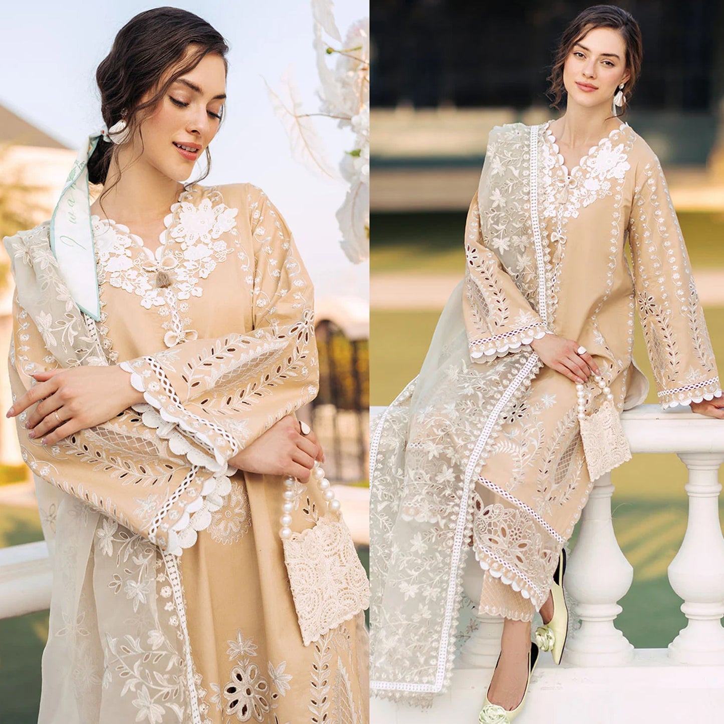 MUSHQ 3PC Lawn Chekankari Embroidered With Organza Embroidered Dupatta-402