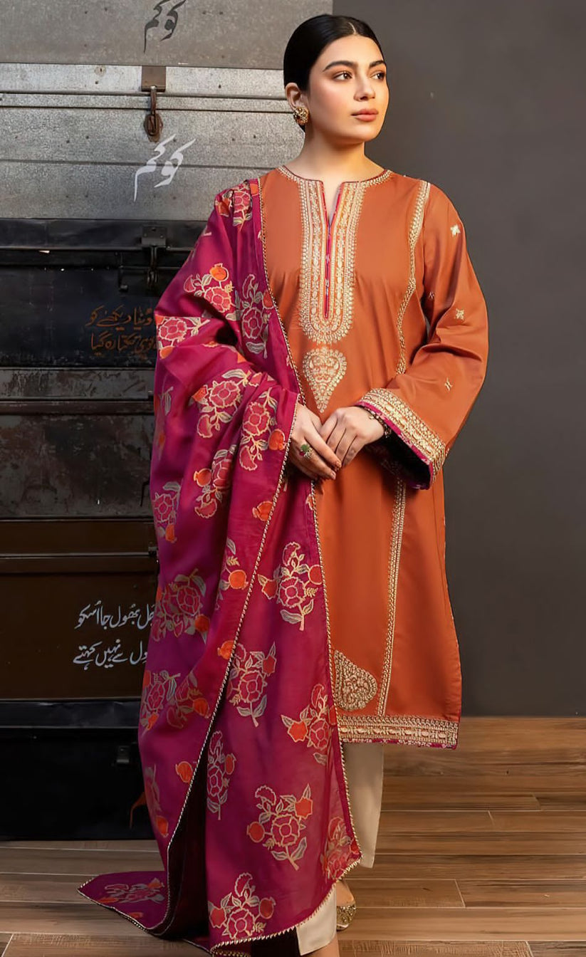 Dhanak-3PC Embroidered Shirt with Digital Printed Wool Shawl - 691