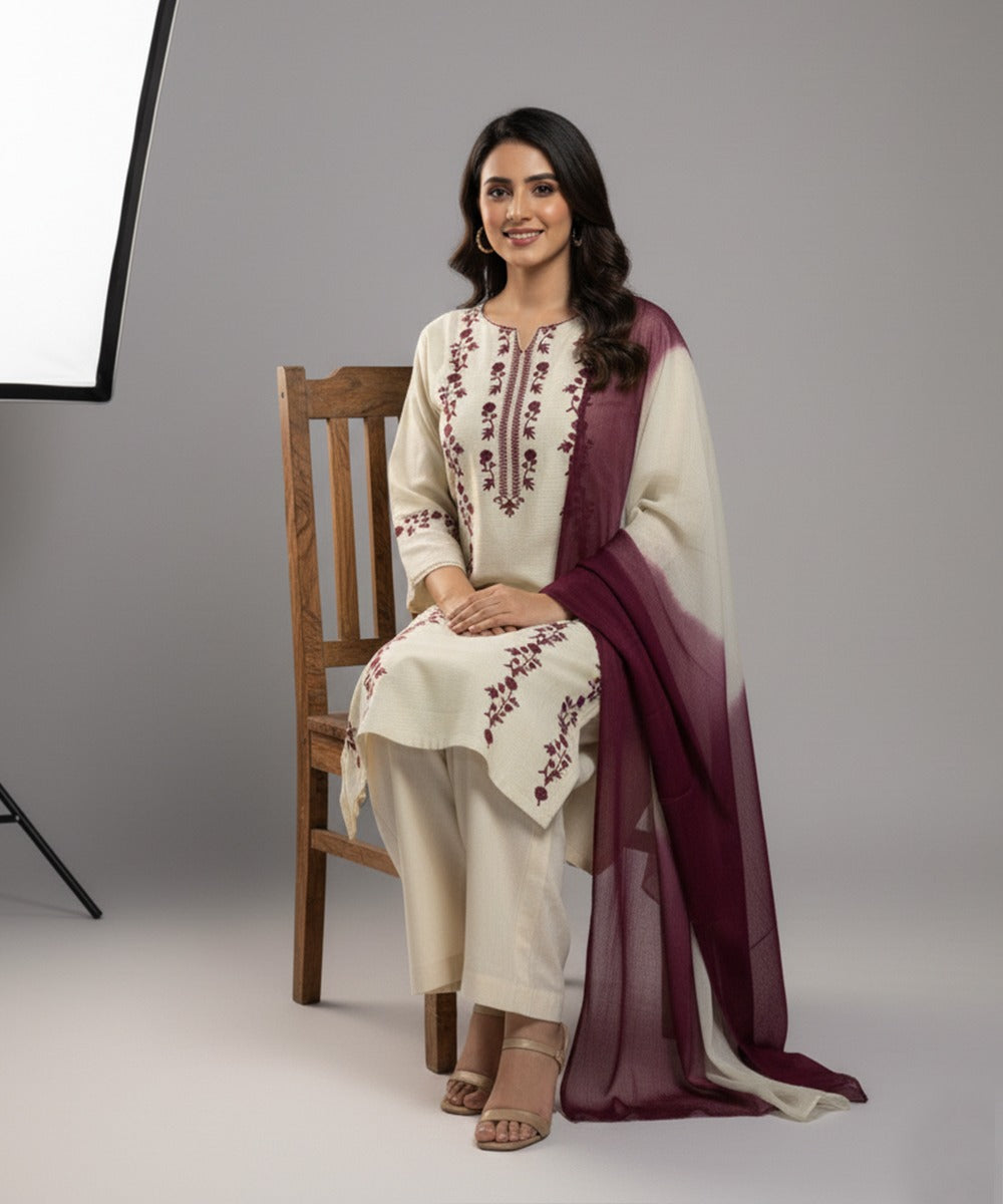 Dhanak-3PC Embroidered Shirt with Chiffon Tie and Dye Dupatta - 3509