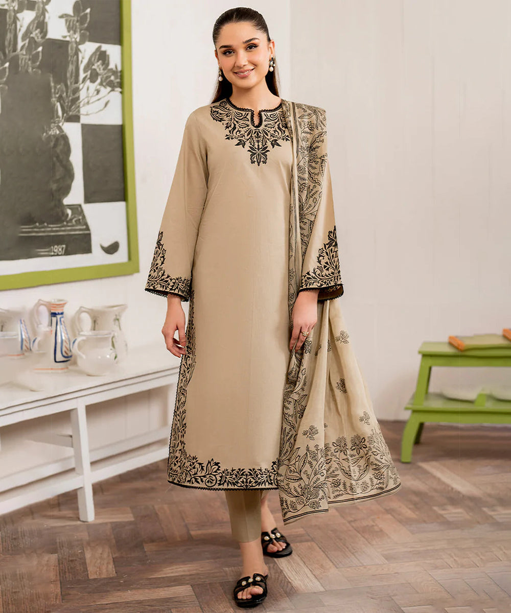 Dhanak-3PC Embroidered Shirt with Digital Printed Wool Shawl - 680