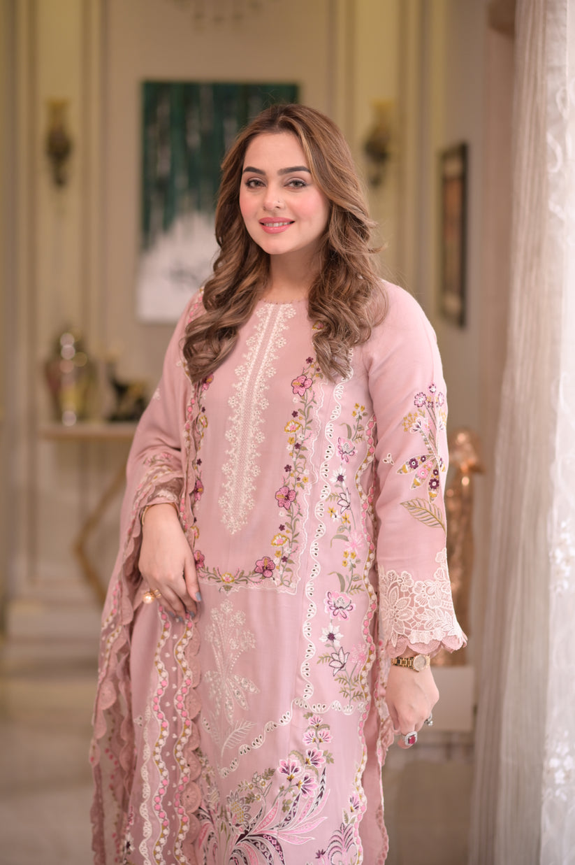 Dhanak-3PC Chikankari Embroidered Shirt with Manaar Embroidered Dupatta - 6107