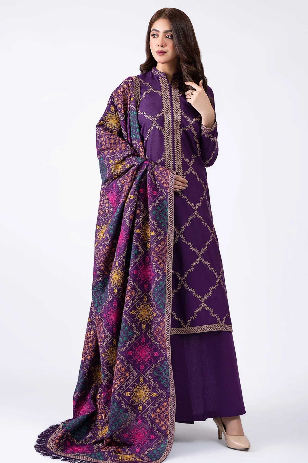 Dhanak-3PC Embroidered Shirt with Dhanak Embroidered Shawl - 102