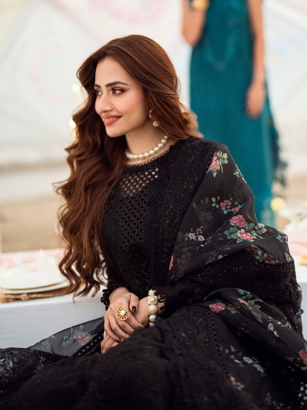 Dhanak-3PC Sequence Chikankari Embroidered Shirt with Printed Organza Dupatta - 3309