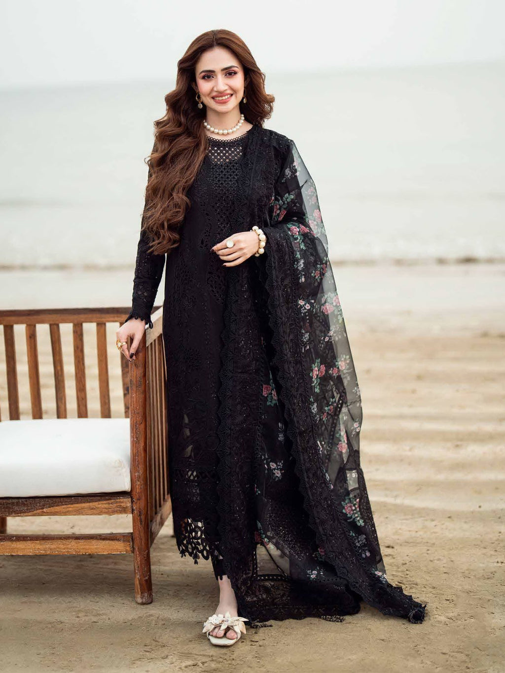Dhanak-3PC Sequence Chikankari Embroidered Shirt with Printed Organza Dupatta - 3309