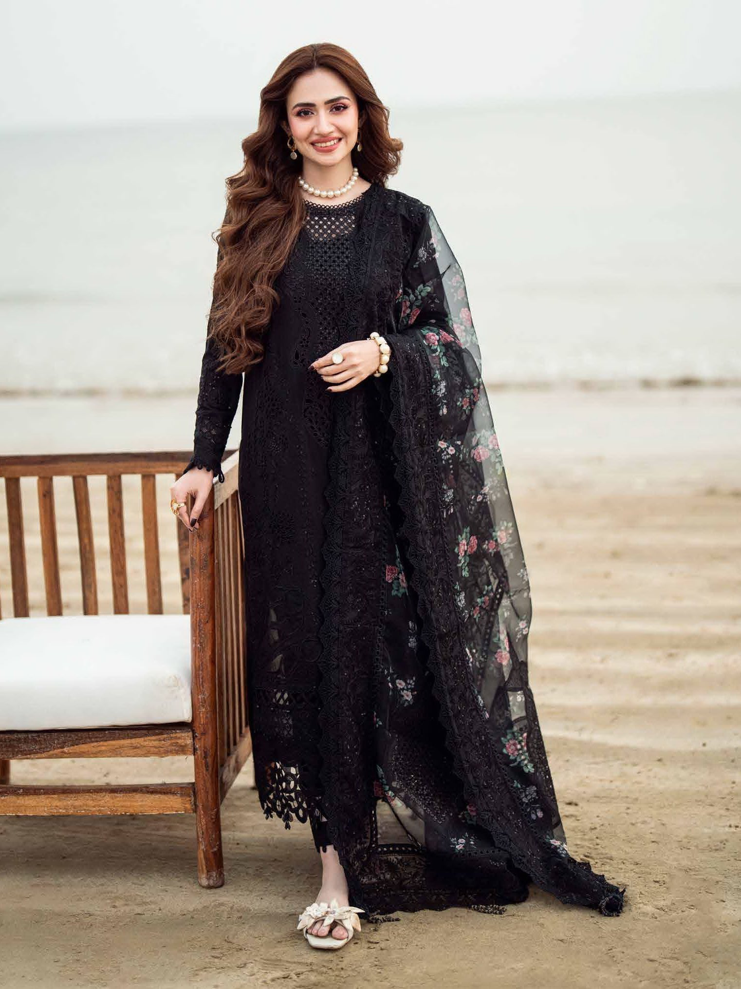 Dhanak-3PC Sequence Chikankari Embroidered Shirt with Printed Organza Dupatta - 3309
