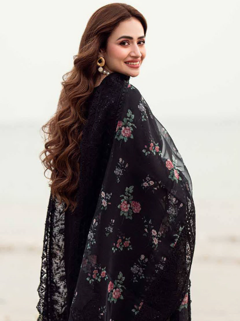 Dhanak-3PC Sequence Chikankari Embroidered Shirt with Printed Organza Dupatta - 3309