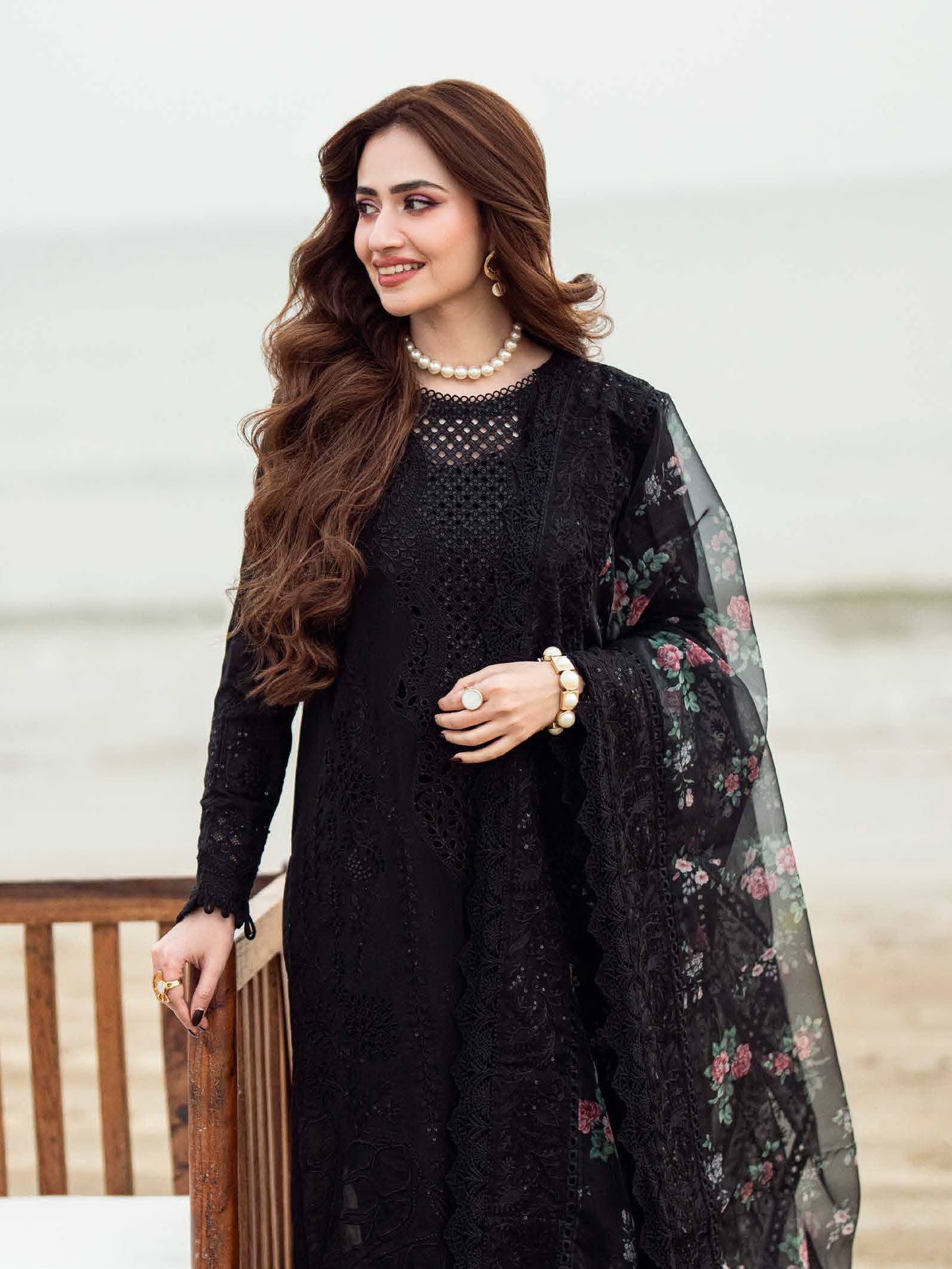 Dhanak-3PC Sequence Chikankari Embroidered Shirt with Printed Organza Dupatta - 3309