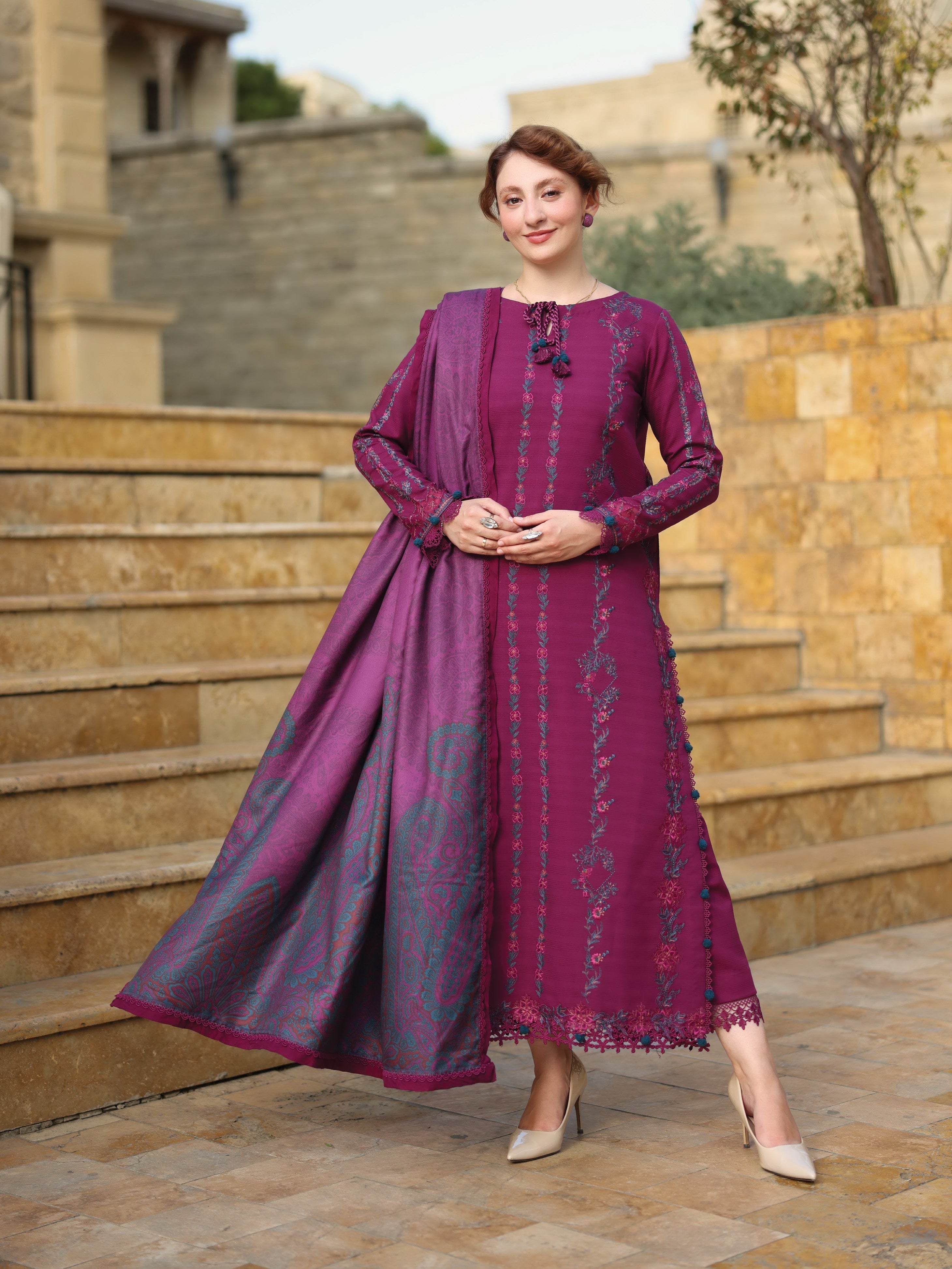 Dhanak-3PC Embroidered Shirt with Digital Printed Wool Shawl - 6043