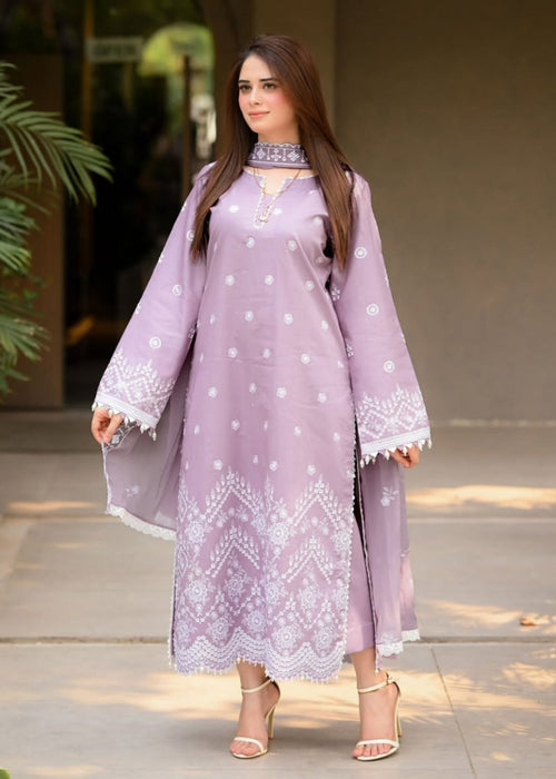 Dhanak-3PC Embroidered Shirt with Chiffon Embroidered Dupatta - 6136