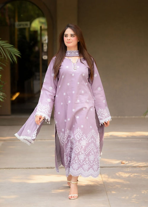 Dhanak-3PC Embroidered Shirt with Chiffon Embroidered Dupatta - 6136