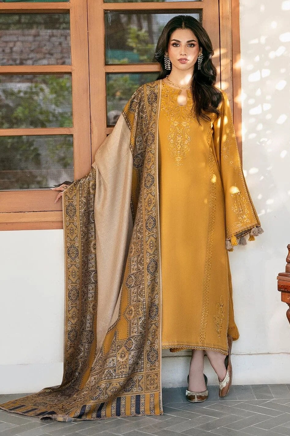 Dhanak-3PC Embroidered Shirt with Digital Printed Wool Shawl - 6039