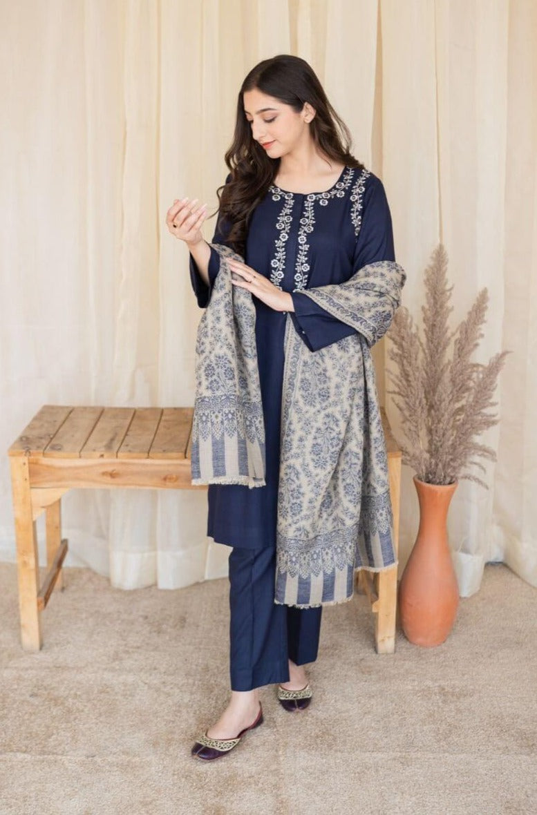 Dhanak-3PC Embroidered Shirt with Digital Printed Wool Shawl - 629