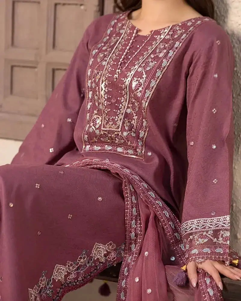 Dhanak-3PC Embroidered Shirt with Chiffon Embroidered Dupatta - 3286