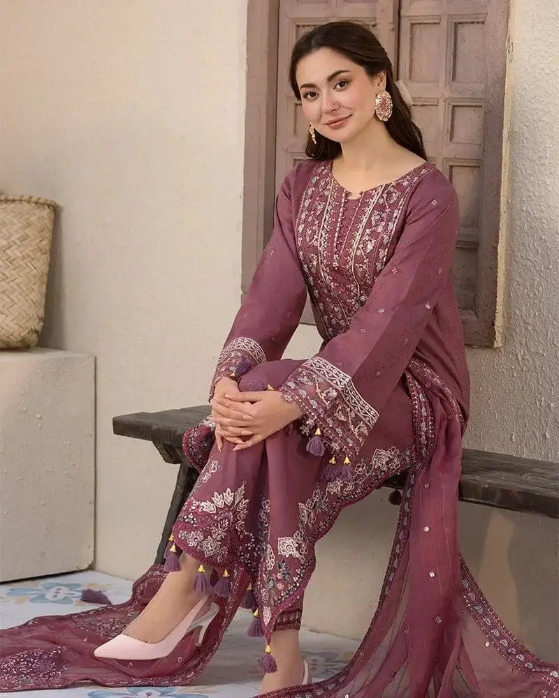 Dhanak-3PC Embroidered Shirt with Chiffon Embroidered Dupatta - 3286