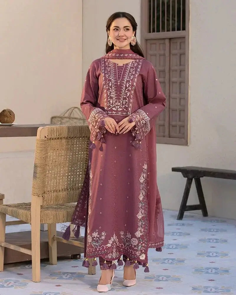Dhanak-3PC Embroidered Shirt with Chiffon Embroidered Dupatta - 3286