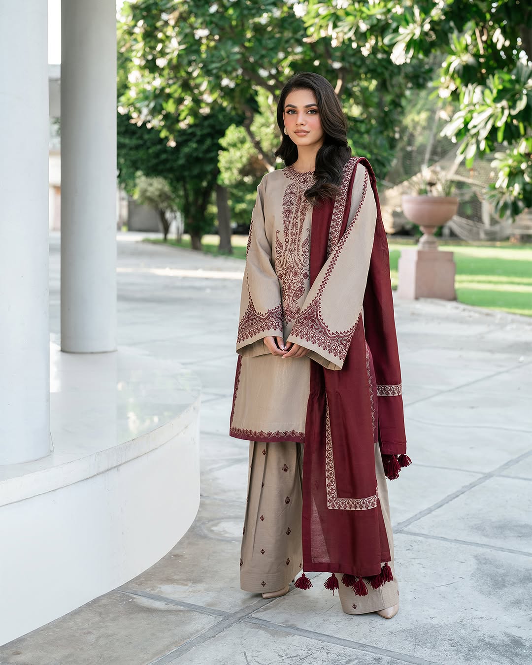 Dhanak-3PC Embroidered Shirt with Digital Printed Wool Shawl - 3576