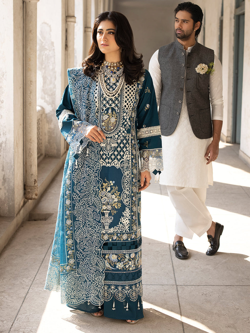 Dhanak-3PC Embroidered Shirt with Khadi Net Embroidered Dupatta - 6218